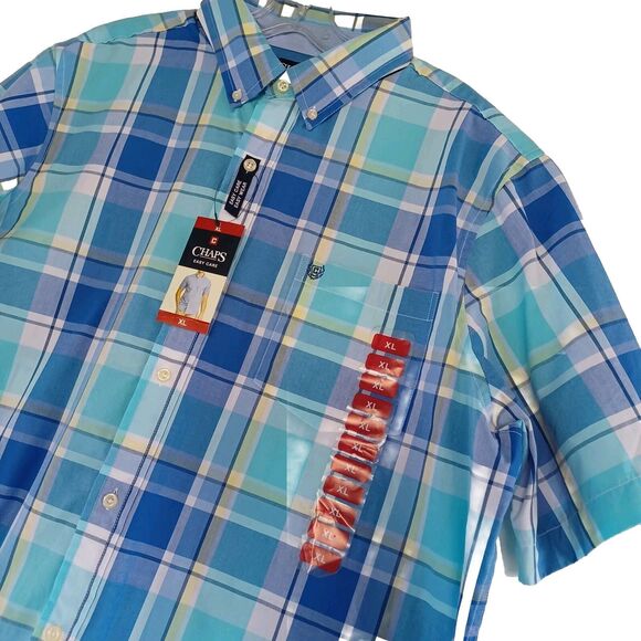 Chaps Men's Size XL Blue Plaid Short Sleeve Button Down Easy Care Shirt NWT - Picture 9 of 12